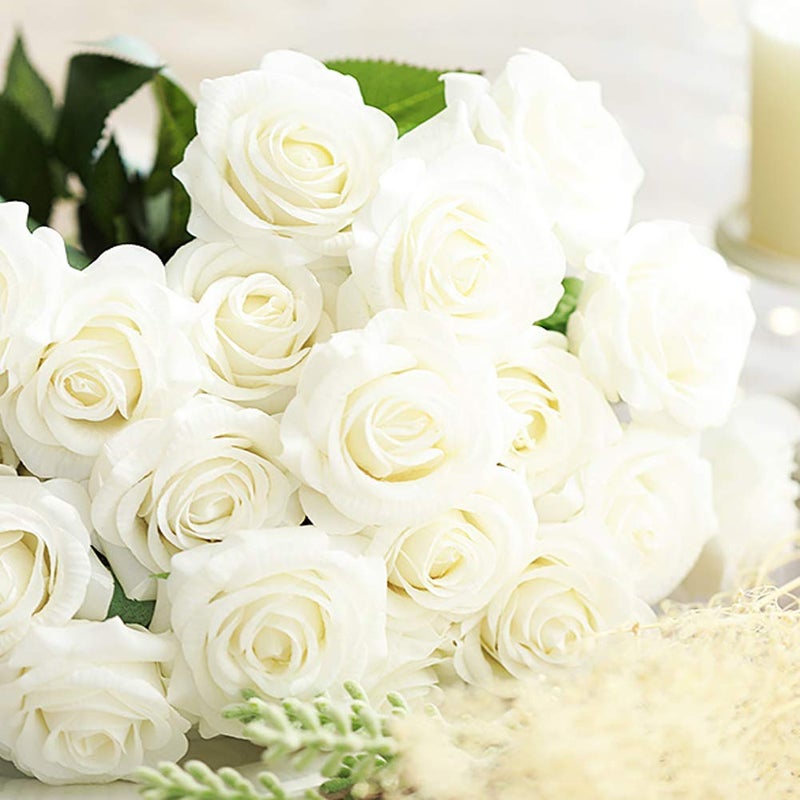 Amzali Artificial Flowers, Real Looking Blush Fake Rose Long Stem Silk Artificial Rose Flowers Home Decor for Bridal Wedding Bouquet, Centerpieces Birthday Flower Party Garden floral Arrangement White - Image 1